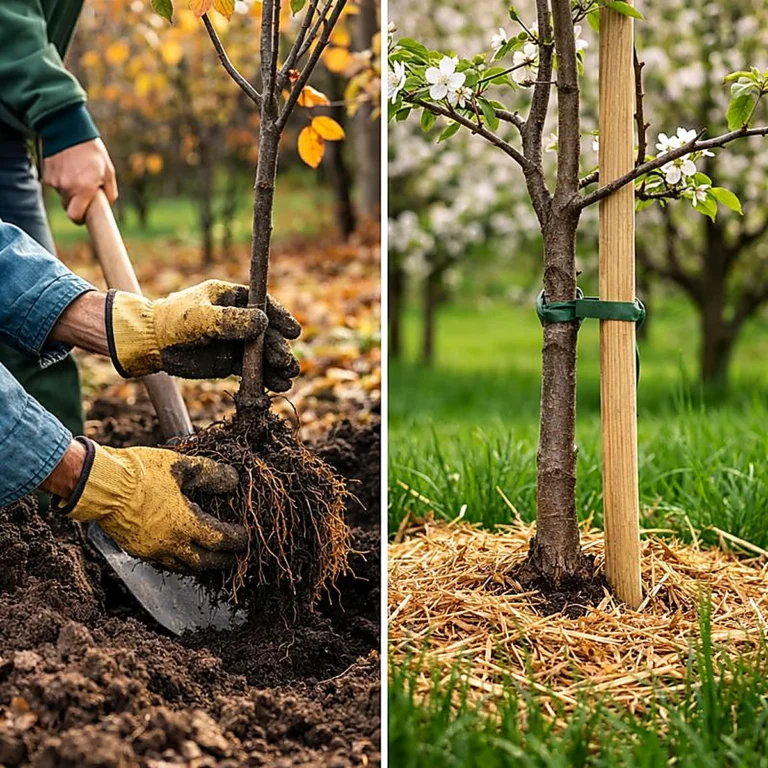 Sadzenie drzew owocowych jesienią i wiosną – porównanie: praca z korzeniami oraz palikowanie i ściółkowanie