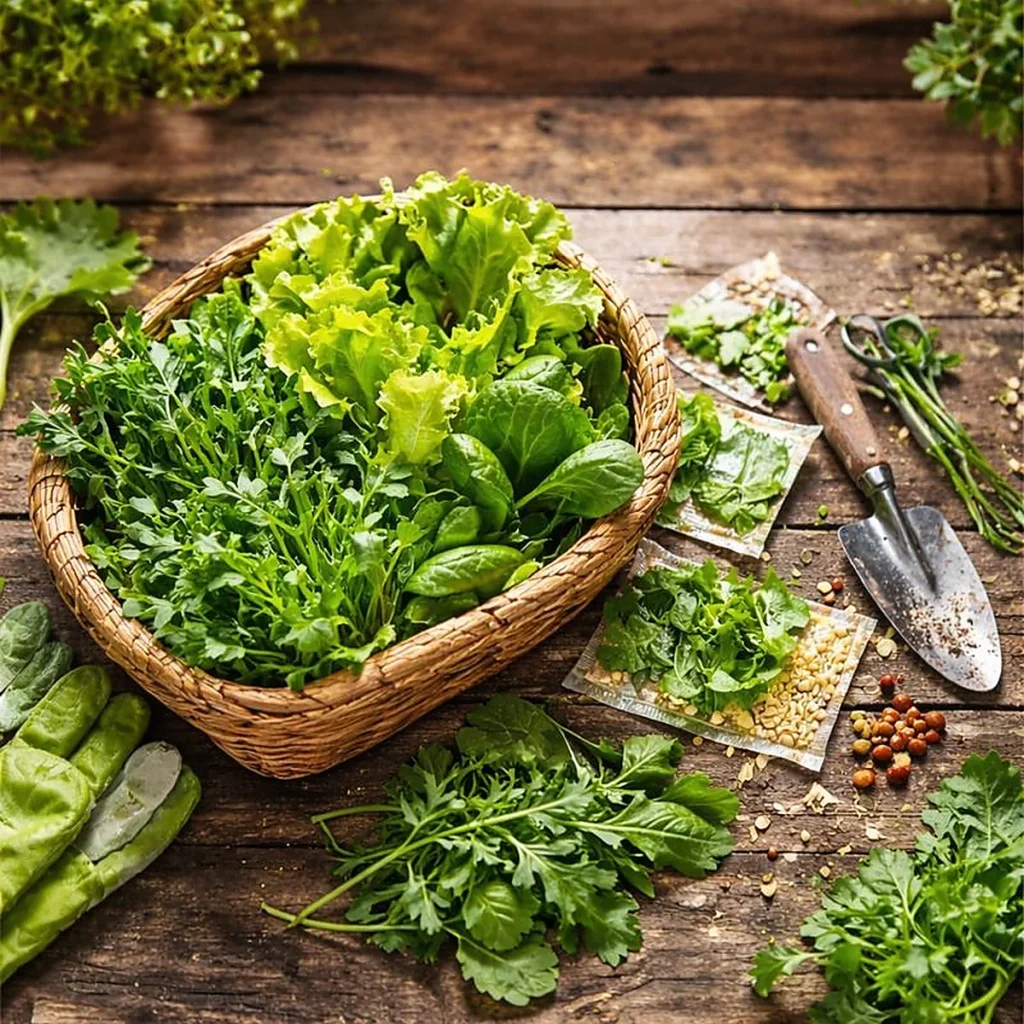 Sałata, rukola i szpinak w koszu po zbiorze, przygotowane do jedzenia i dalszych zbiorów przez sezon.