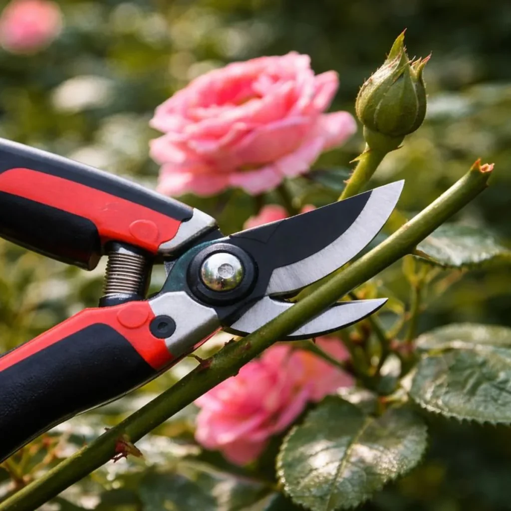 Sekator do ogrodu nożycowy tnie zielony pęd róży przy pąku