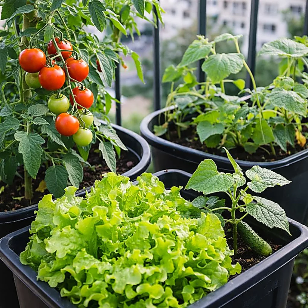 Warzywa w donicach na balkonie – pomidory koktajlowe, sałata i ogórek w pojemnikach