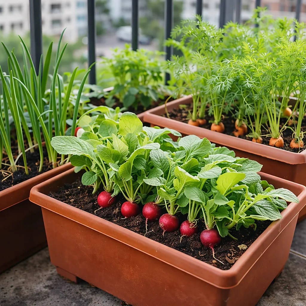 Warzywa w donicach na balkonie – rzodkiewki, marchew i szczypiorek w skrzynkach