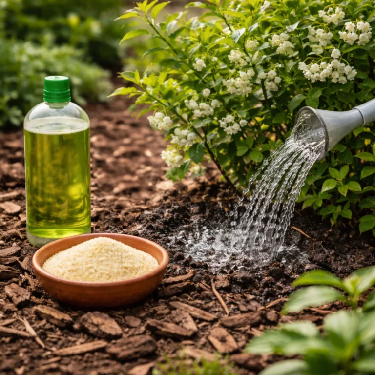 Borówka amerykańska podlewana na początku sezonu, obok granulaty do zakwaszania i ściółka z kory