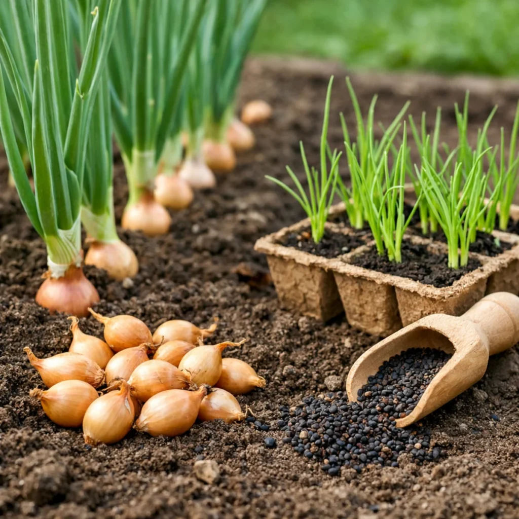 Porównanie uprawy: cebula z dymki czy z nasion, dymka w rzędzie na grządce oraz siewki cebuli w tackach i nasiona w drewnianej łopatce