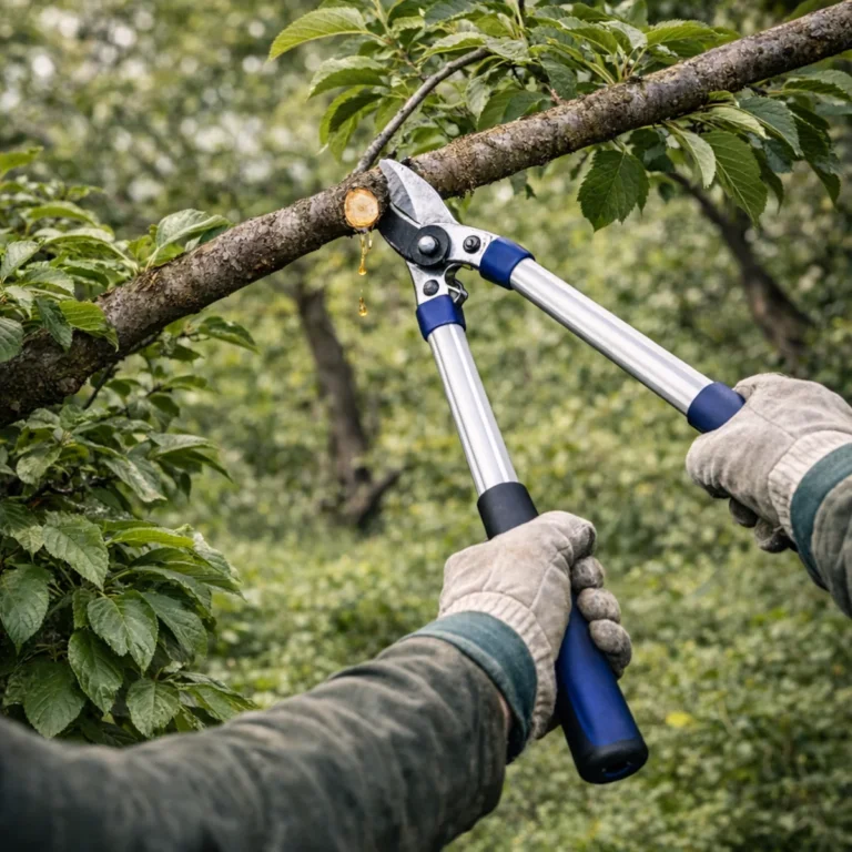 Cięcie wiśni, śliwy i czereśni dużym sekatorem dwuręcznym po zbiorach, świeża rana z kroplami soku