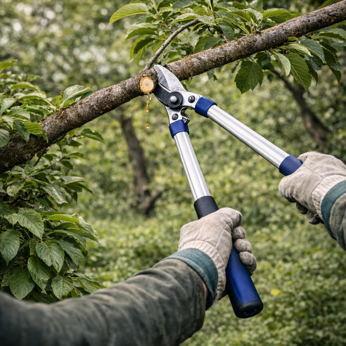 Cięcie wiśni, śliwy i czereśni dużym sekatorem dwuręcznym po zbiorach, świeża rana z kroplami soku