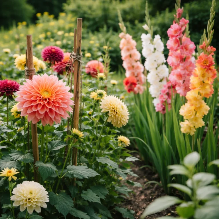 Letnia rabata: kwitnące dalie i mieczyki w ogrodzie, rośliny podparte palikami