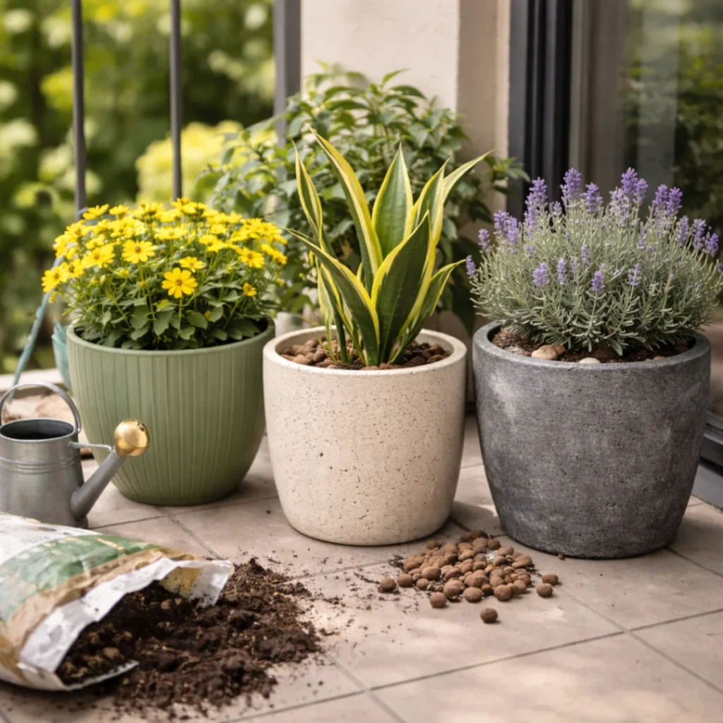 Donice plastikowe, ceramiczne czy betonowe na balkonie – trzy różne pojemniki i akcesoria do podlewania roślin