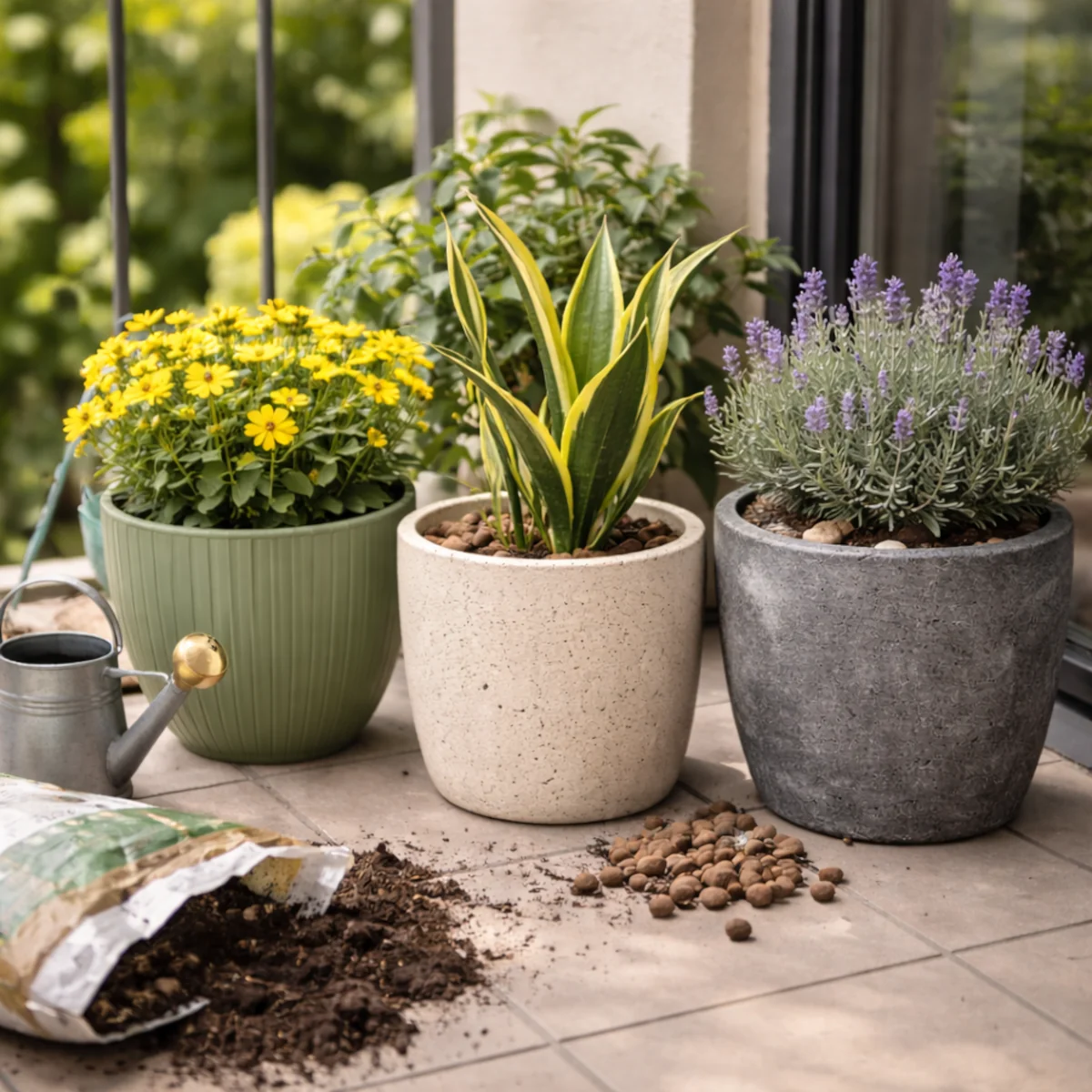 Donice plastikowe, ceramiczne czy betonowe na balkonie – trzy różne pojemniki i akcesoria do podlewania roślin