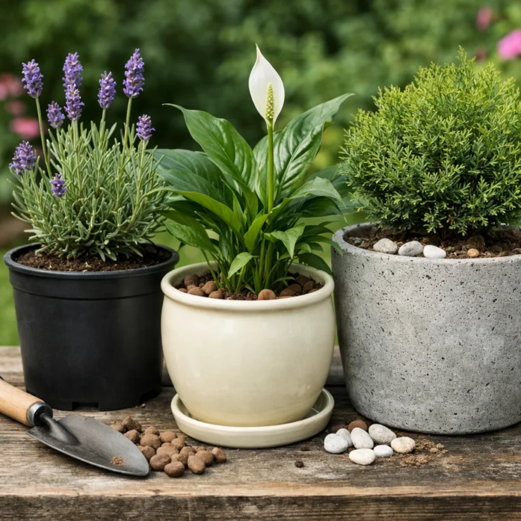 Donice plastikowe, ceramiczne czy betonowe na stole ogrodowym – porównanie trzech materiałów dla korzeni i podlewania