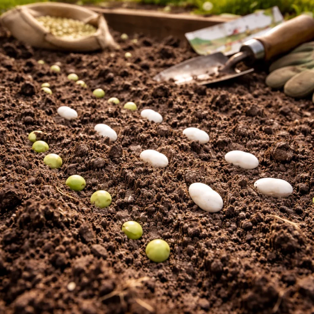 Nasiona grochu i fasoli na wilgotnej grządce podczas siewu wiosną. Kiedy siać fasolę i groch.