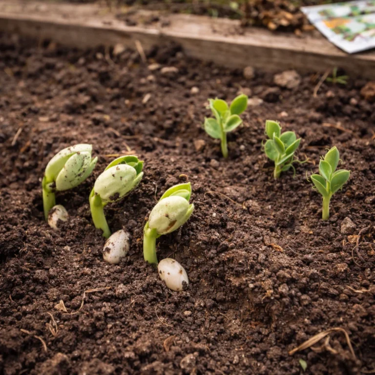 Wschodząca fasola i groch na grządce – młode siewki w wilgotnej ziemi. Kiedy siać fasolę i groch.