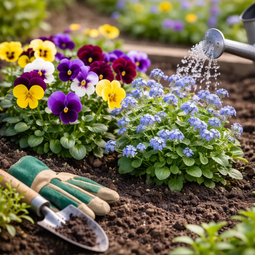 Podlewanie rabaty z posadzonymi bratkami i niezapominajkami w ogrodzie.