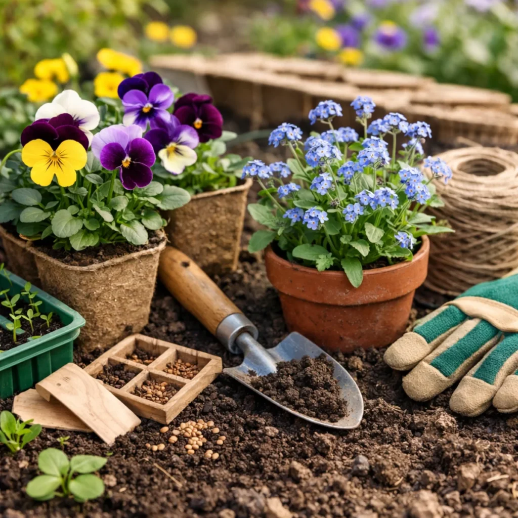 Sadzonki bratków i niezapominajek oraz nasiona i narzędzia ogrodnicze na ziemi.