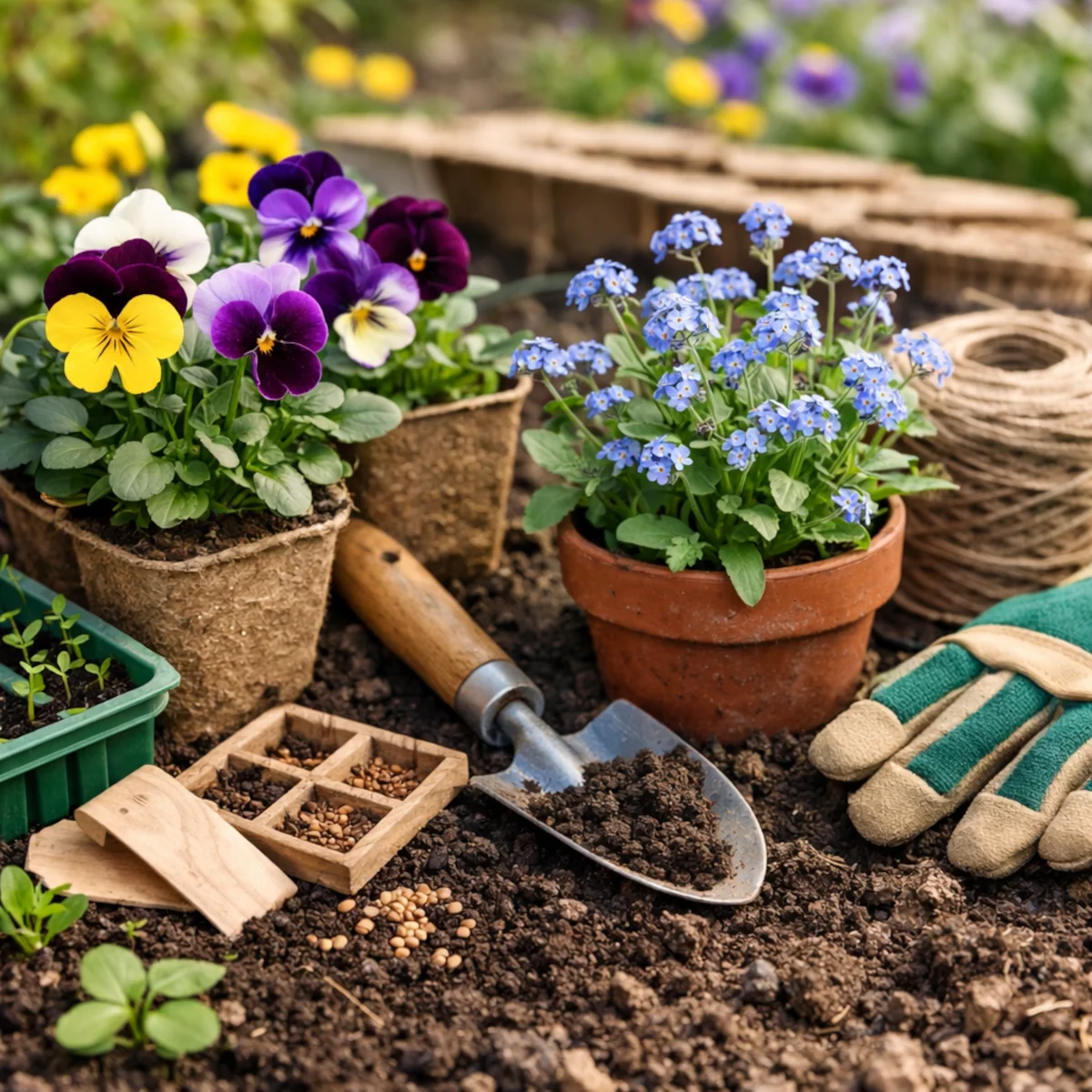 Sadzonki bratków i niezapominajek oraz nasiona i narzędzia ogrodnicze na ziemi.