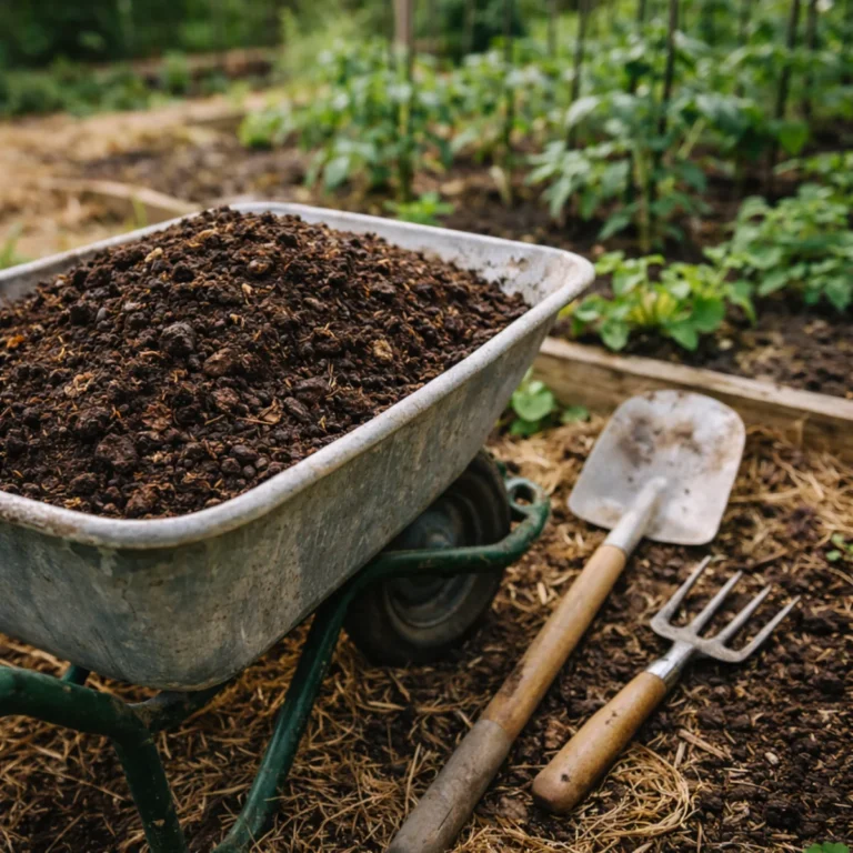 Taczka z kompostem obok łopaty i widełek – przygotowanie grządek wiosną