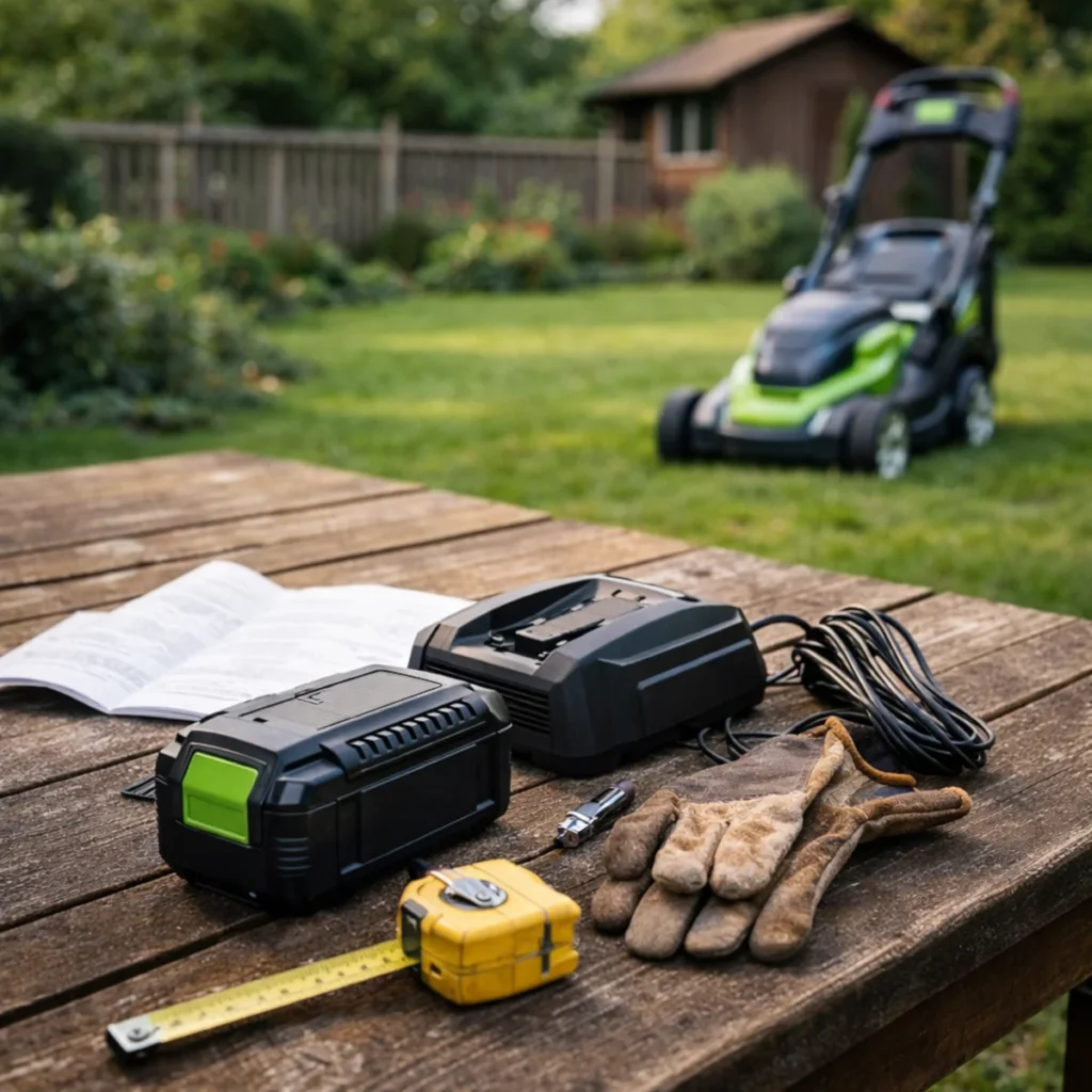 Akumulator do kosiarki i ładowarka na drewnianym stole ogrodowym, obok rękawice i miarka – kosiarka spalinowa czy akumulatorowa