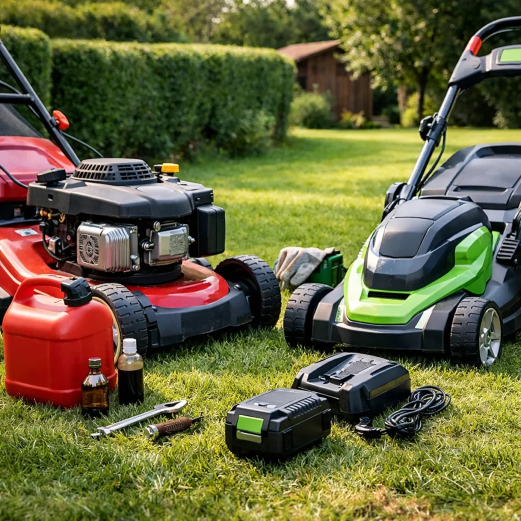 Dwie kosiarki na trawniku: spalinowa i akumulatorowa, obok akcesoria i baterie – kosiarka spalinowa czy akumulatorowa
