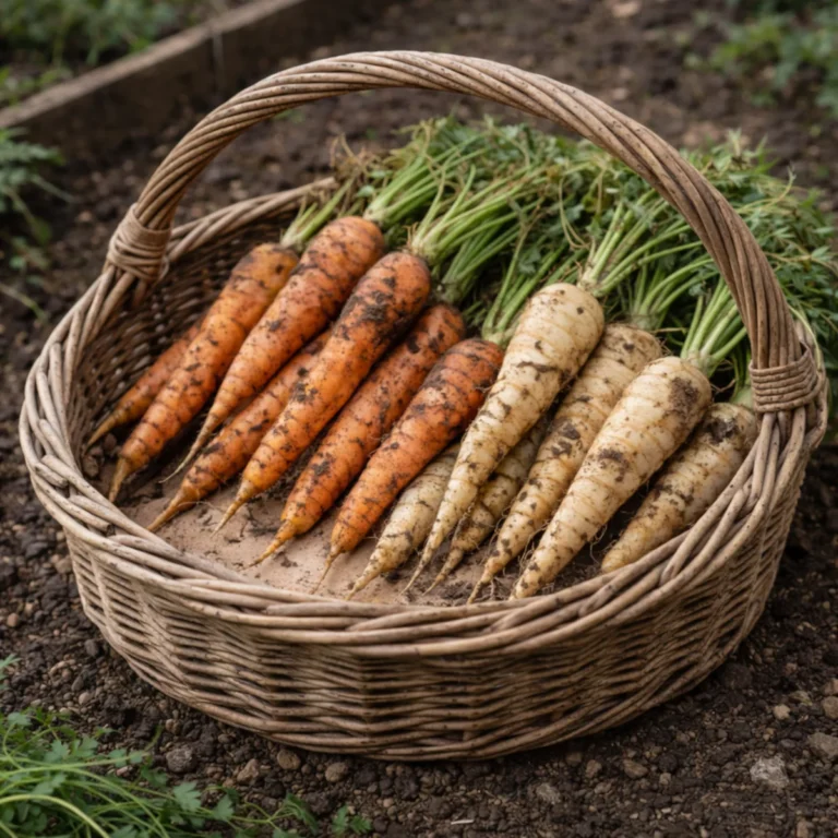Wiklinowy koszyk z marchwią i pietruszką korzeniową po zbiorach, warzywa z naturalnymi śladami ziemi