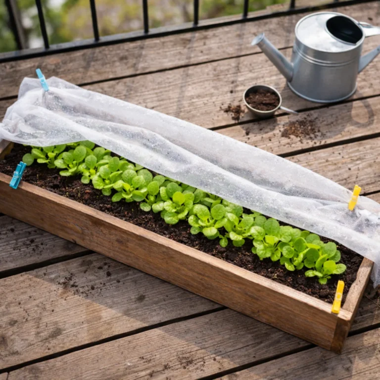 Skrzynka balkonowa z młodą sałatą pod agrowłókniną przypiętą klipsami – co siać w marcu na balkonie