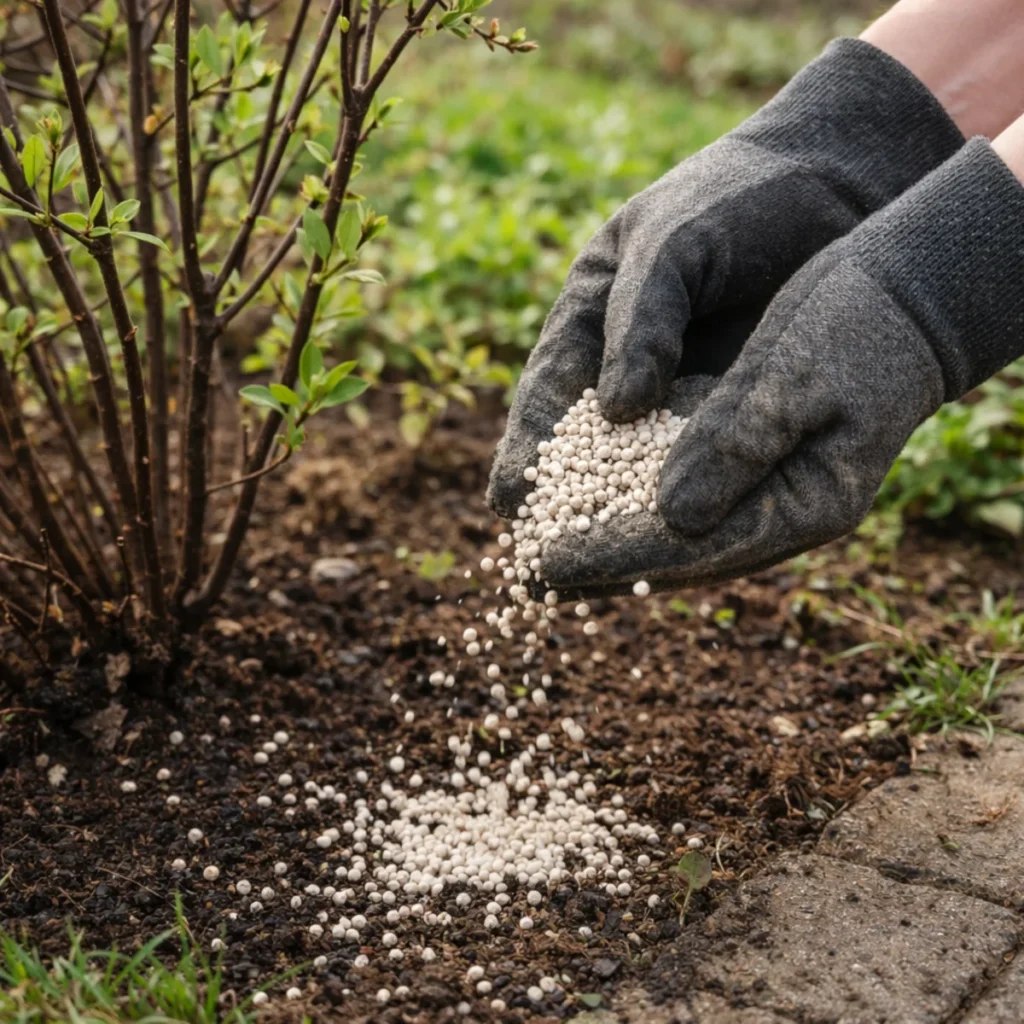Pierwsze nawożenie wiosną – dłonie w rękawicach rozsypują nawóz granulowany na rabacie przy krzewie