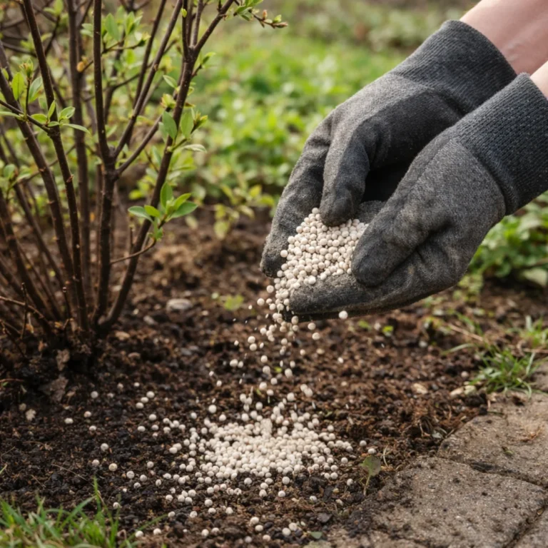 Pierwsze nawożenie wiosną – dłonie w rękawicach rozsypują nawóz granulowany na rabacie przy krzewie