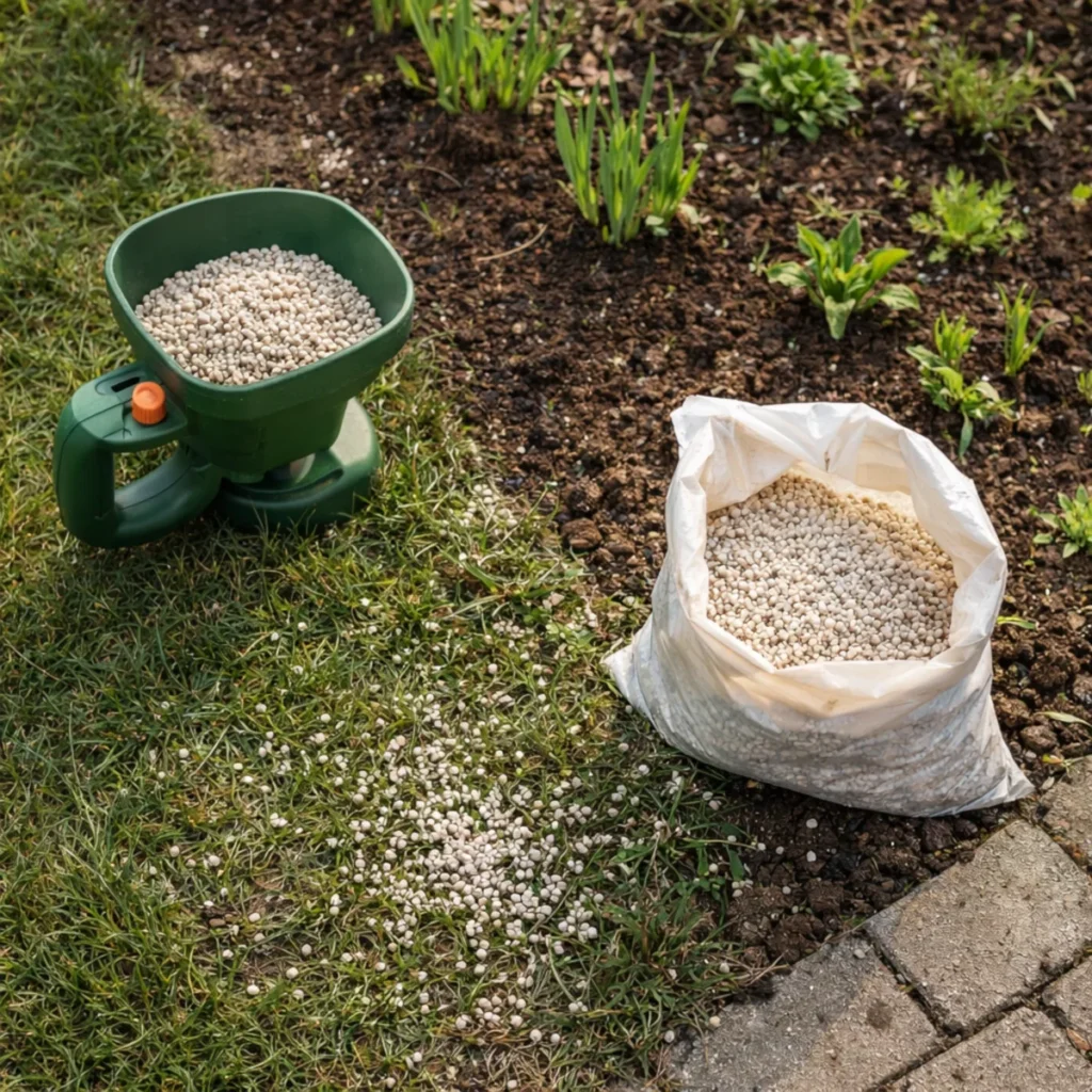 Pierwsze nawożenie wiosną – ręczny rozsiewacz i otwarty worek nawozu granulowanego na trawniku obok rabaty