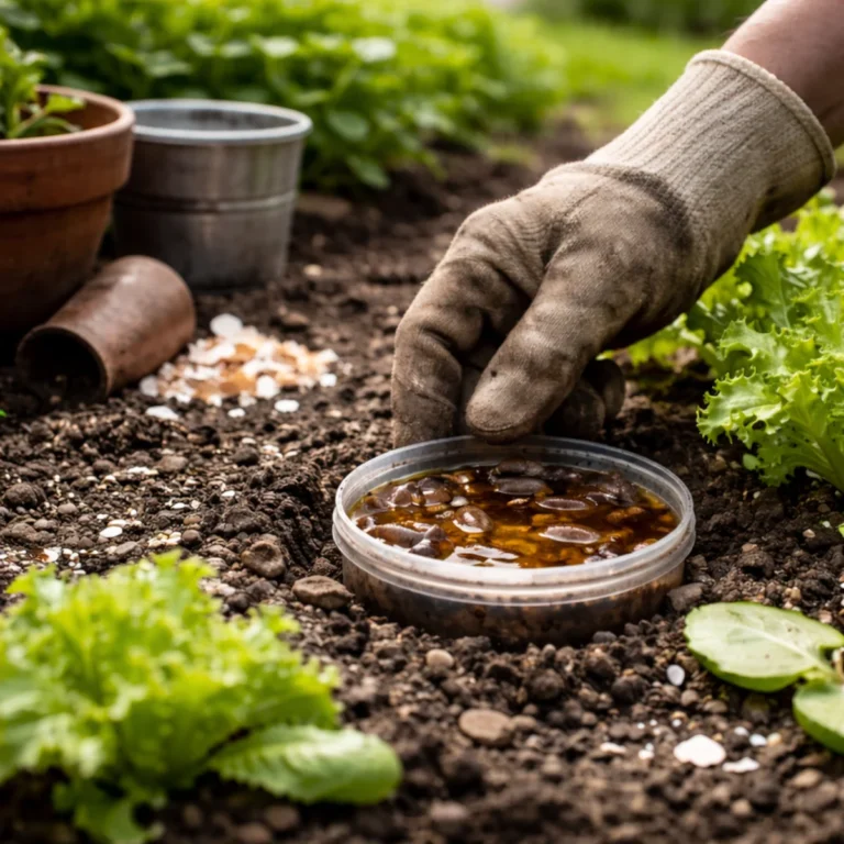Ustawianie pułapki na ślimaki wiosną w warzywniku przy młodej sałacie