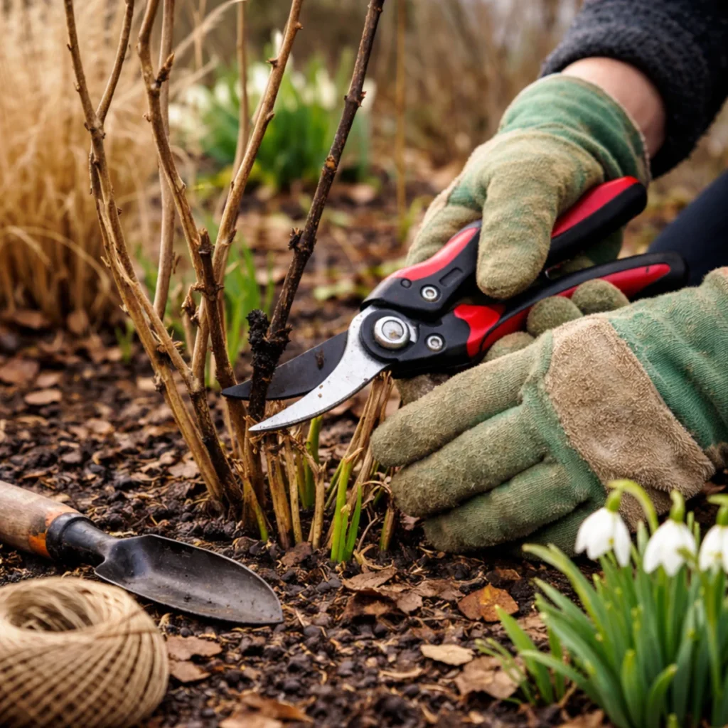 Cięcie sanitarne krzewu na rabacie po zimie, rękawice ogrodowe i sekator przy martwym pędzie, w tle przebiśniegi.