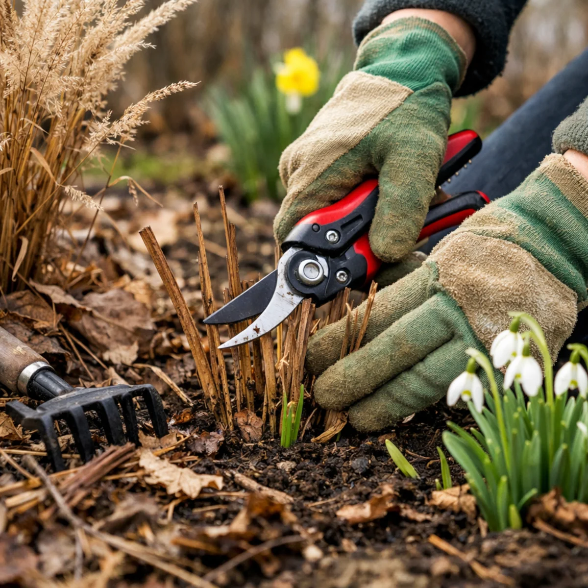 Wiosenne cięcie suchych pędów bylin na rabacie po zimie, rękawice ogrodowe i sekator, obok przebiśniegi.