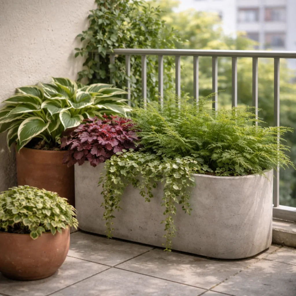 Rośliny na balkon w cieniu w dużych donicach: hosta biało-zielona, paproć, bordowa żurawka i zwisająca trzmielina na zacienionym balkonie