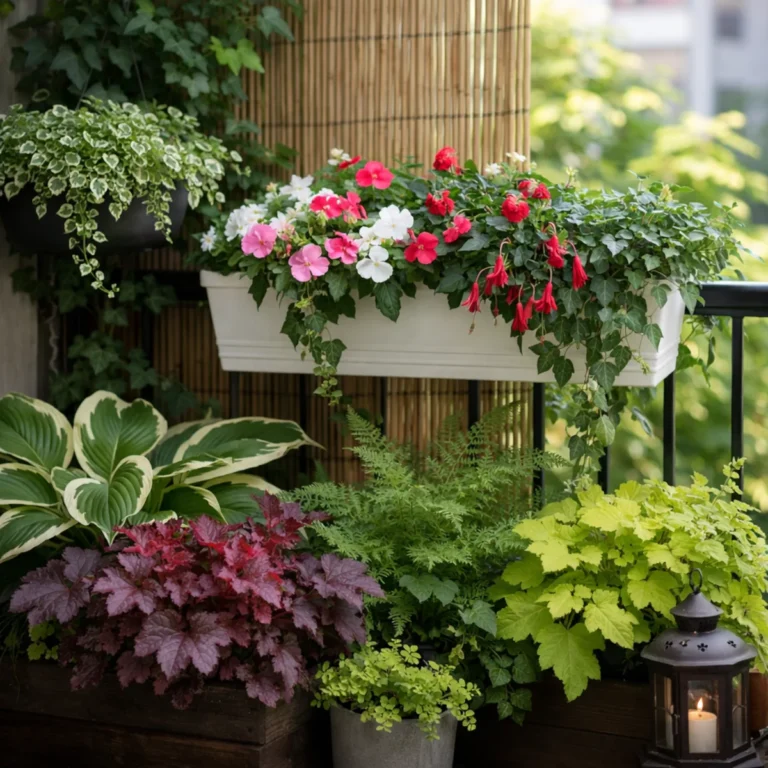 Rośliny na balkon w cieniu w skrzynce na barierce: niecierpki i fuksja oraz rośliny liściaste w donicach na zacienionym balkonie