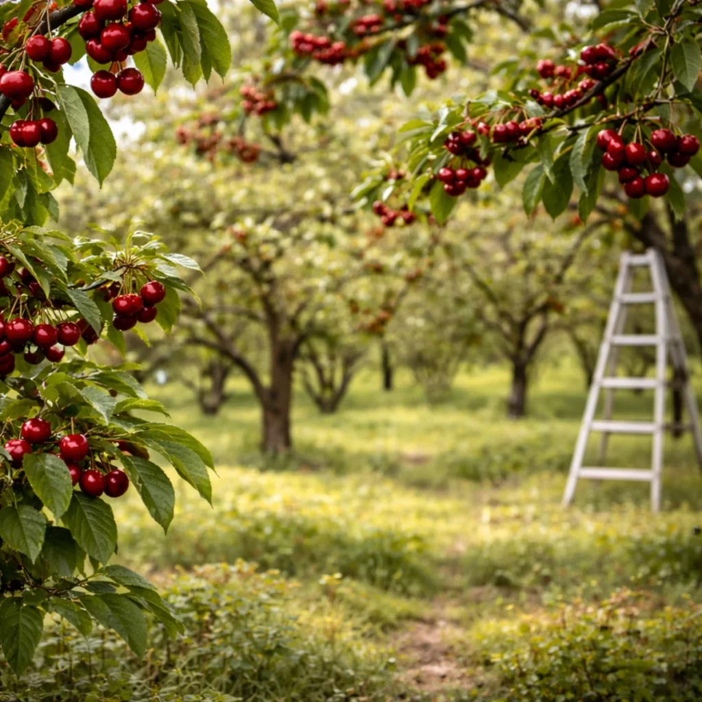 Sad wiśniowy w polskich warunkach, gałęzie z owocami i drabina w tle, miękkie dzienne światło
