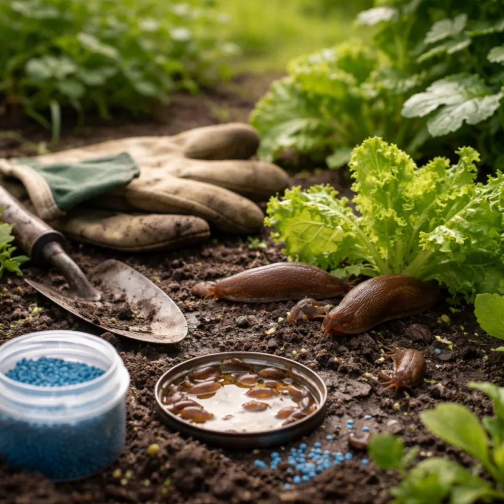 Ślimaki wiosną na rabacie z sałatą obok pułapki i narzędzi ogrodowych