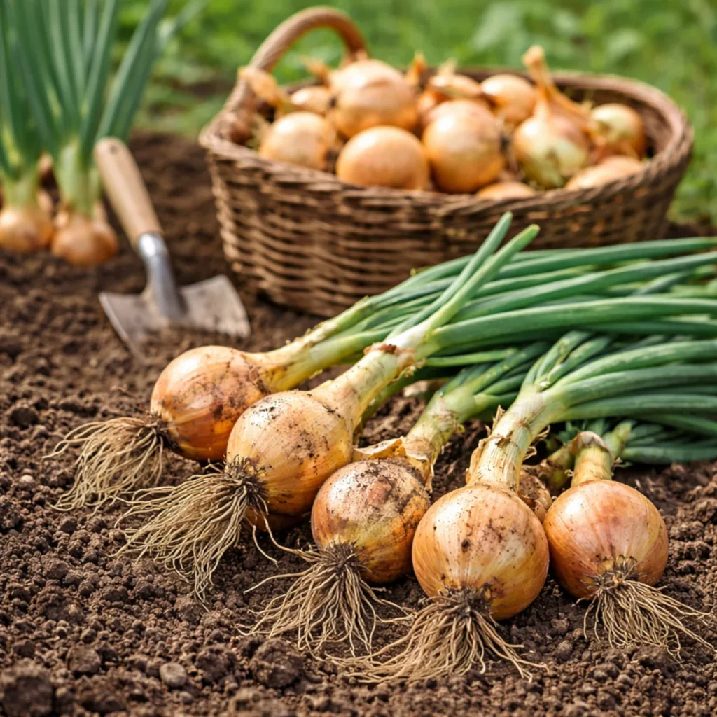 Zbiory cebuli z grządki: świeżo wyrwana cebula z korzeniami i szczypiorem na ziemi, kosz z cebulami w tle