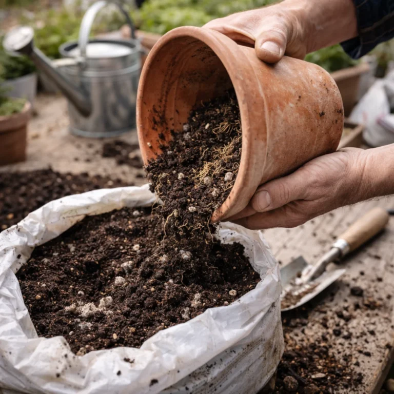 Wymiana ziemi w donicy na wiosnę – wysypywanie starego podłoża z doniczki do worka, przygotowanie do przesadzania