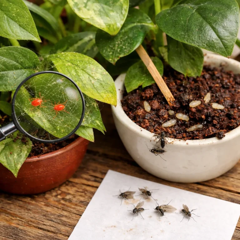 Ziemiórki albo przędziorki po zimie – rośliny doniczkowe, lupa na liściu i muszki na kartce, problem w podłożu