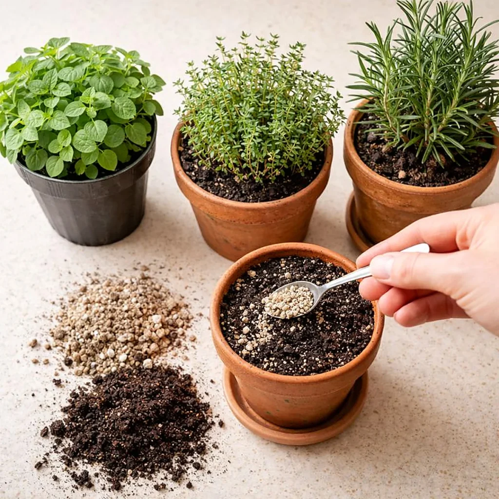 Jak podlewać tymianek oregano i rozmaryn – porównanie suchego przewiewnego podłoża z perlitem i mokrej zbitej ziemi obok doniczek z ziołami.