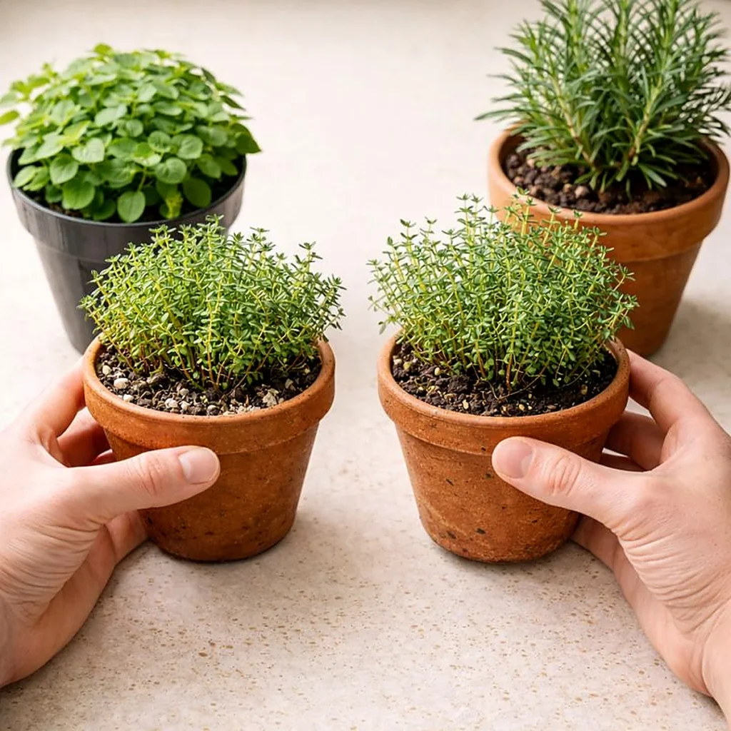 Jak podlewać tymianek oregano i rozmaryn – porównanie ciężaru doniczki z tymiankiem, by ocenić wilgotność podłoża.