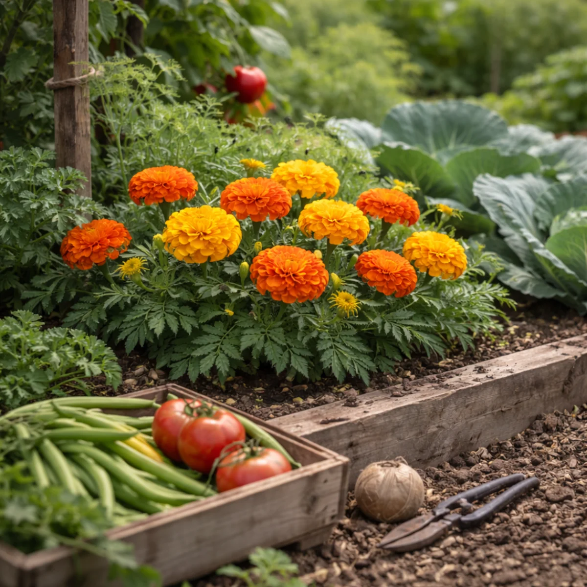 Aksamitki przy warzywach na obrzeżu podwyższonej grządki, obok skrzynka z fasolką i pomidorami oraz sekator