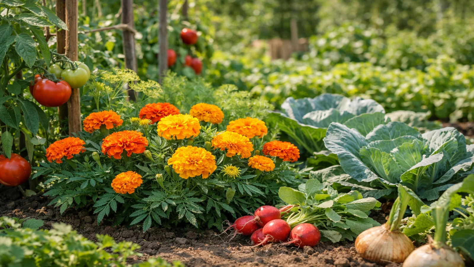 Aksamitki przy warzywach na grządce z pomidorami, kapustą, rzodkiewką i cebulą w warzywniku