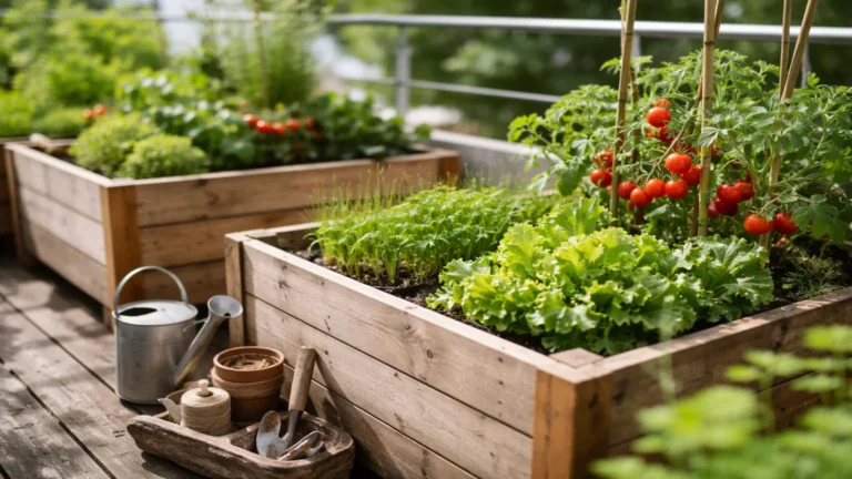 Warzywa w drewnianych skrzynkach na tarasie, z pomidorami, sałatą i akcesoriami do pielęgnacji roślin