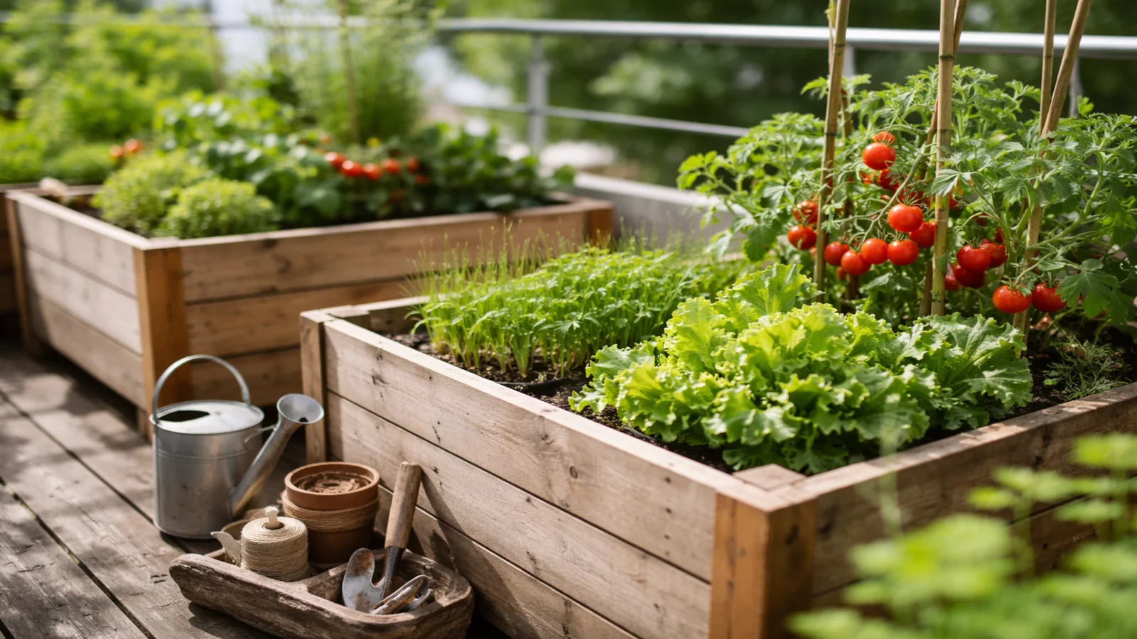 Warzywa w drewnianych skrzynkach na tarasie, z pomidorami, sałatą i akcesoriami do pielęgnacji roślin