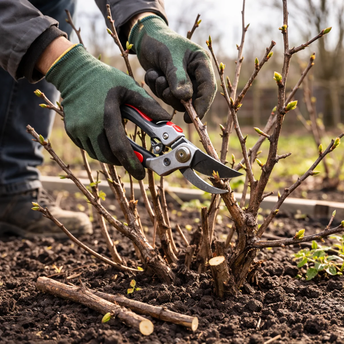 Wiosenne cięcie porzeczki czarnej sekatorem – usuwanie starego pędu przy ziemi