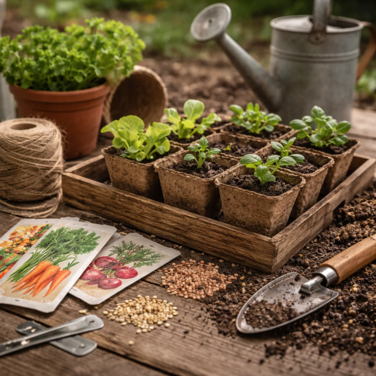 Nasiona warzyw, rozsady i narzędzia ogrodnicze przygotowane do prac w ogrodzie w kwietniu