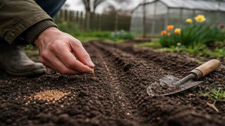 Wysiew drobnych nasion do gruntu w kwietniu na przygotowanej grządce w ogrodzie