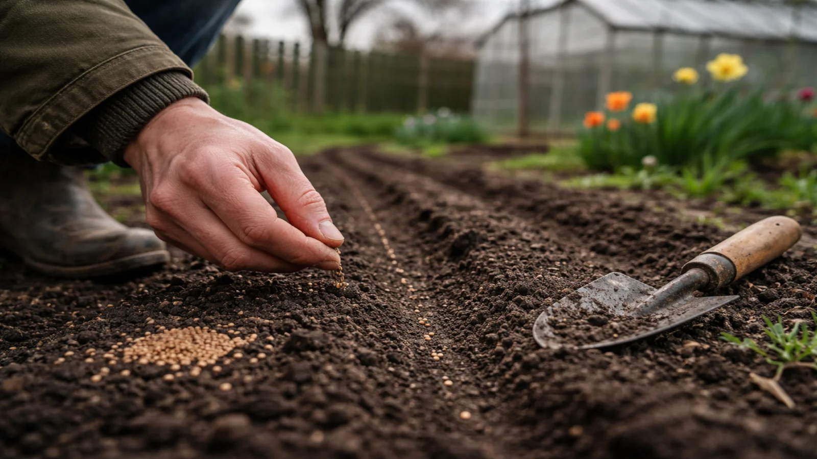 Wysiew drobnych nasion do gruntu w kwietniu na przygotowanej grządce w ogrodzie