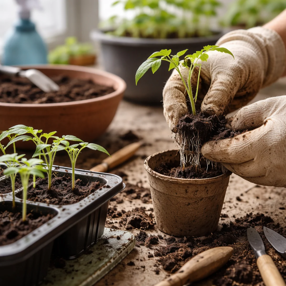 Pikowanie rozsad pomidora do biodegradowalnej doniczki w świeżej ziemi, sposób na ograniczenie czarnej nóżki siewek i rozsad