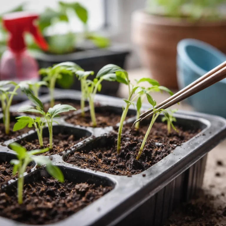 Przerzedzanie siewek w wielodoniczce pęsetą, kontrola podstawy łodyżek pod kątem czarnej nóżki siewek i rozsad