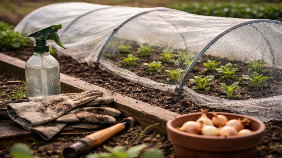 Wczesnowiosenny warzywnik z niskim tunelem z włókniny, młodymi siewkami i narzędziami ogrodniczymi podczas chłodnego poranka