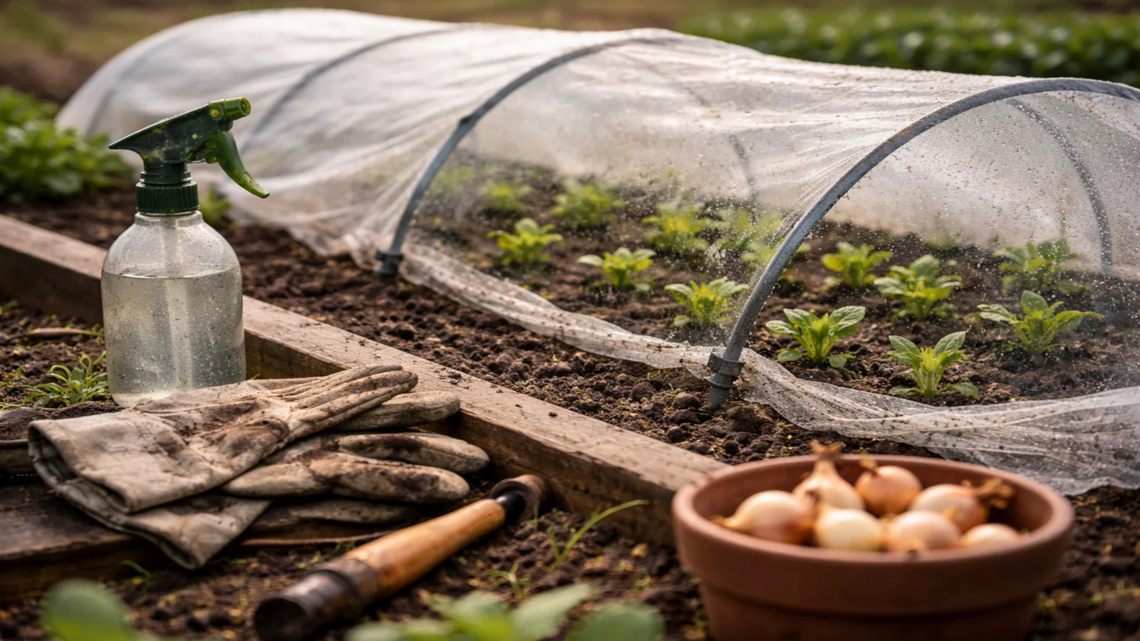 Wczesnowiosenny warzywnik z niskim tunelem z włókniny, młodymi siewkami i narzędziami ogrodniczymi podczas chłodnego poranka